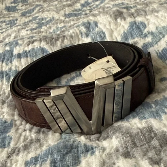 Vintage Versace Dark Brown Alligator Leather Belt with Silver V Buckle Vintage Mens Versace Belt Designer Belt Black Alligator  main image 4
